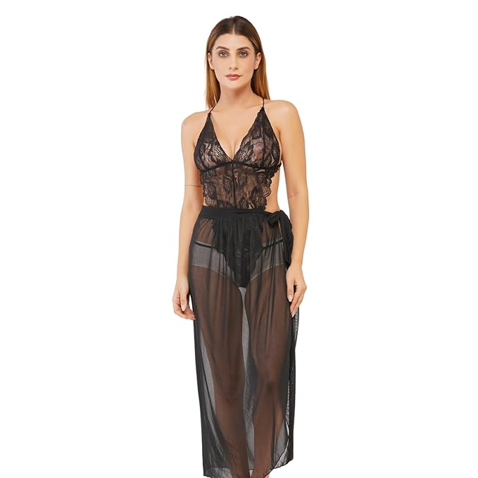 MIAVIDA Women's Sexy Lace Bodysuit Lingerie with Sheer Skirt | Transparent Mesh Nightwear Set for Women – One Size Fits S to L – Black
