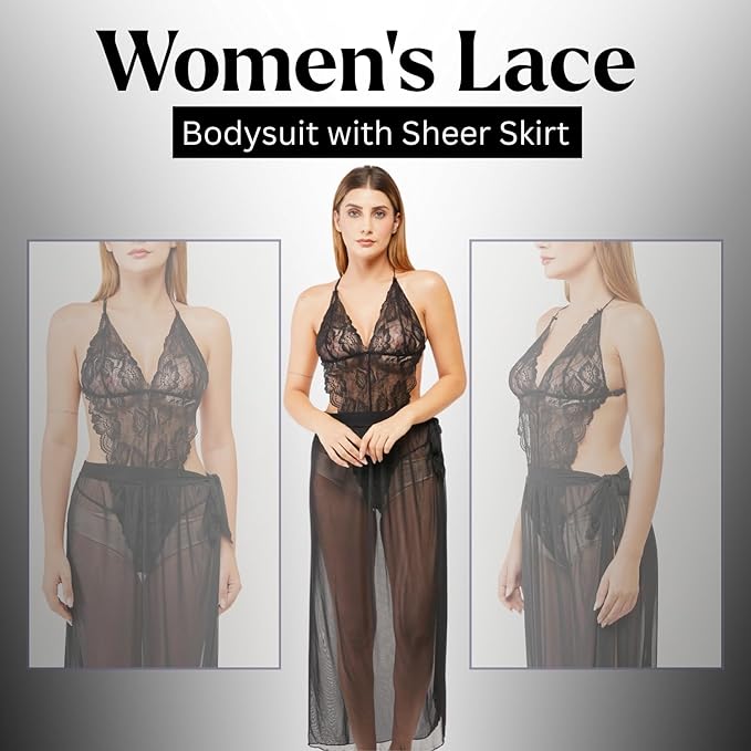 MIAVIDA Women's Sexy Lace Bodysuit Lingerie with Sheer Skirt | Transparent Mesh Nightwear Set for Women – One Size Fits S to L – Black