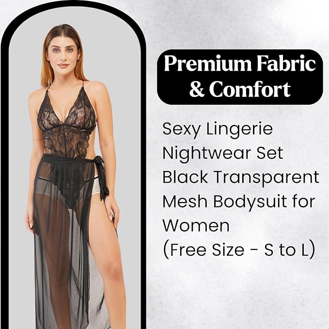 MIAVIDA Women's Sexy Lace Bodysuit Lingerie with Sheer Skirt | Transparent Mesh Nightwear Set for Women – One Size Fits S to L – Black
