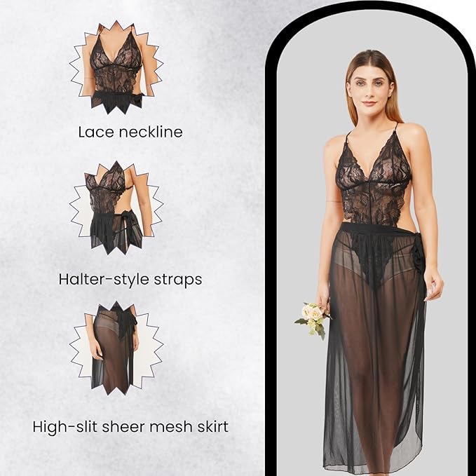 MIAVIDA Women's Sexy Lace Bodysuit Lingerie with Sheer Skirt | Transparent Mesh Nightwear Set for Women – One Size Fits S to L – Black
