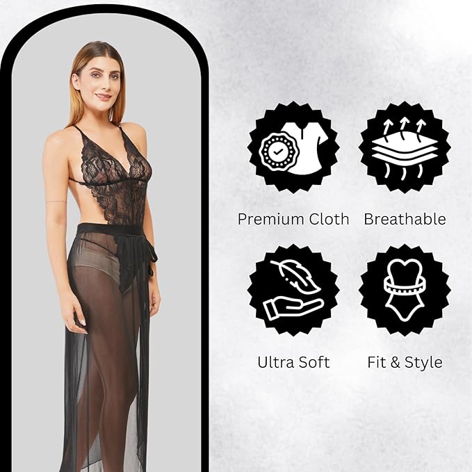 MIAVIDA Women's Sexy Lace Bodysuit Lingerie with Sheer Skirt | Transparent Mesh Nightwear Set for Women – One Size Fits S to L – Black