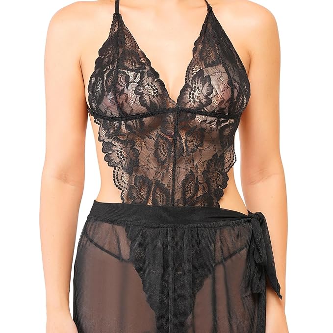 MIAVIDA Women's Sexy Lace Bodysuit Lingerie with Sheer Skirt | Transparent Mesh Nightwear Set for Women – One Size Fits S to L – Black