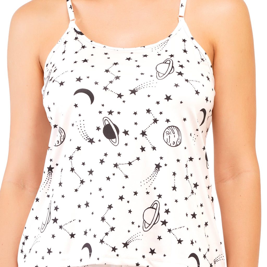 Women's Satin Nightwear Set - Space Print Cami Top & Shorts | Soft Sleepwear & Loungewear Set for Women & Girls (Free Size - S to L)