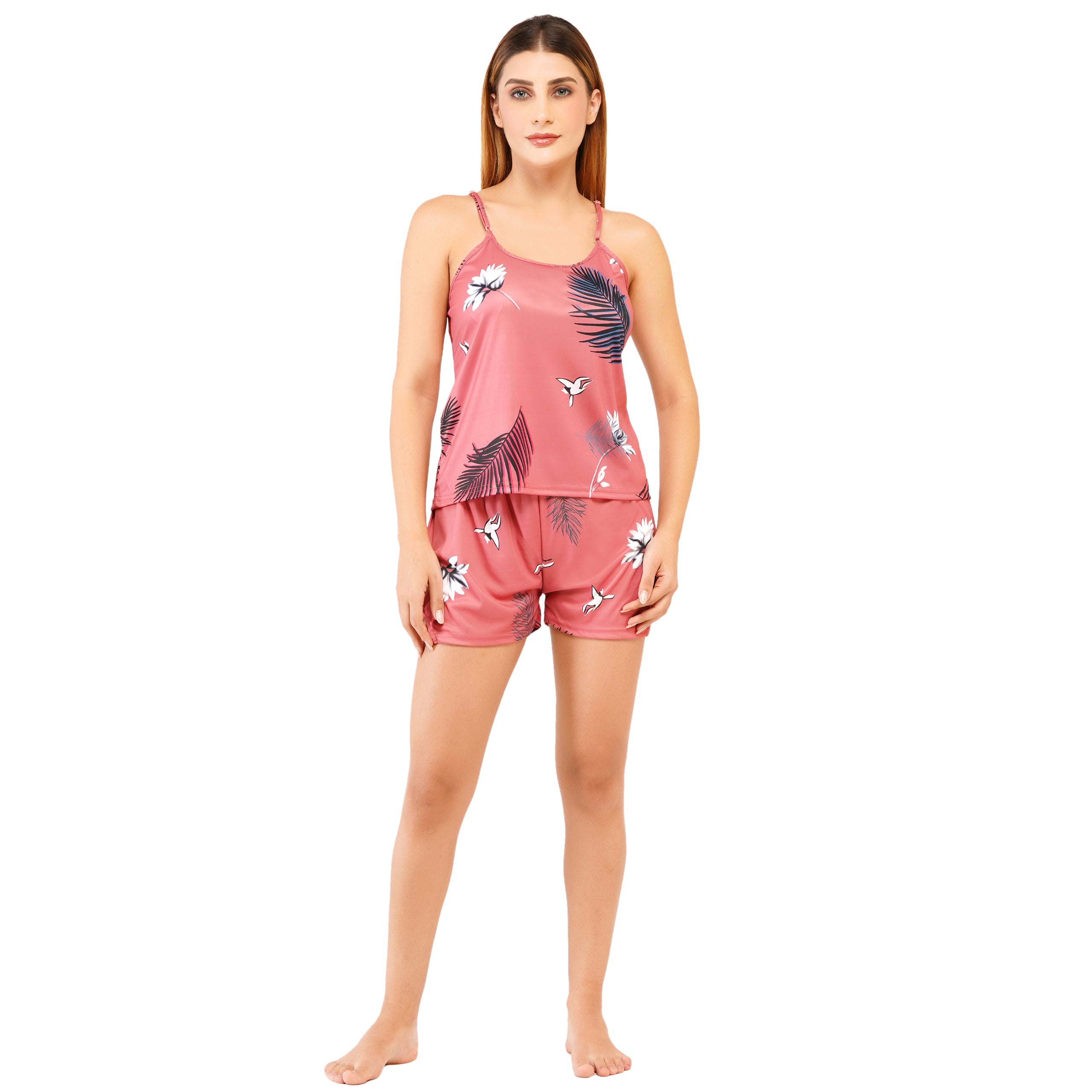 Women's Satin Nightwear Set – Floral Cami Top & Shorts | Lightweight Summer Sleepwear & Lounge Set for Women & Girls (Free Size - S to L)
