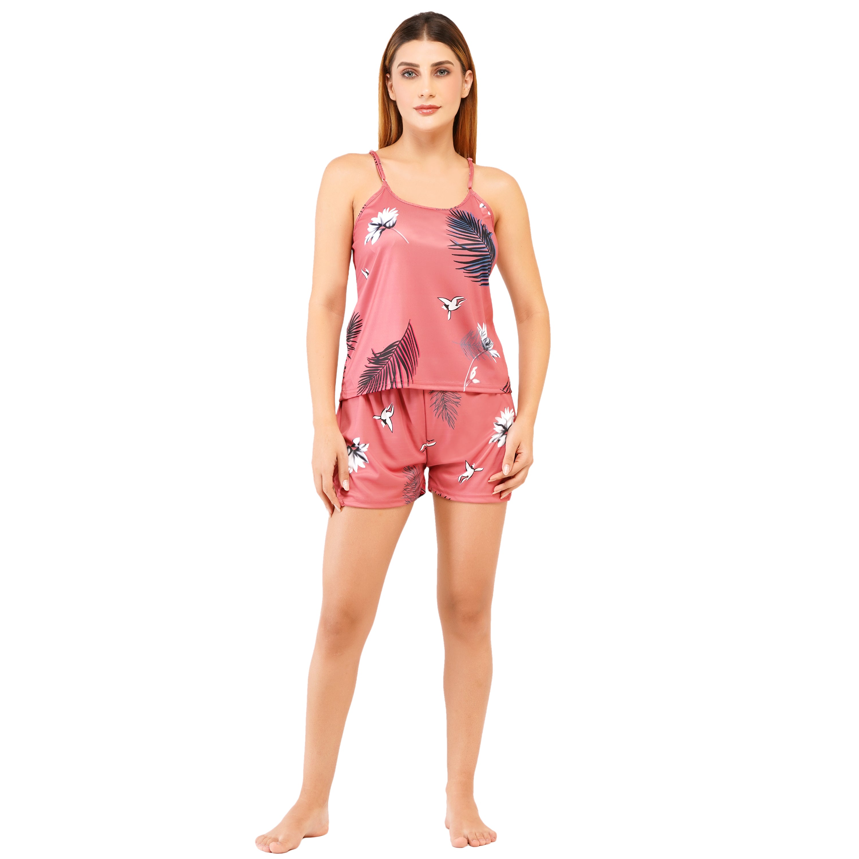 Women's Satin Nightwear Set – Floral Cami Top & Shorts | Lightweight Summer Sleepwear & Lounge Set for Women & Girls (Free Size - S to L)