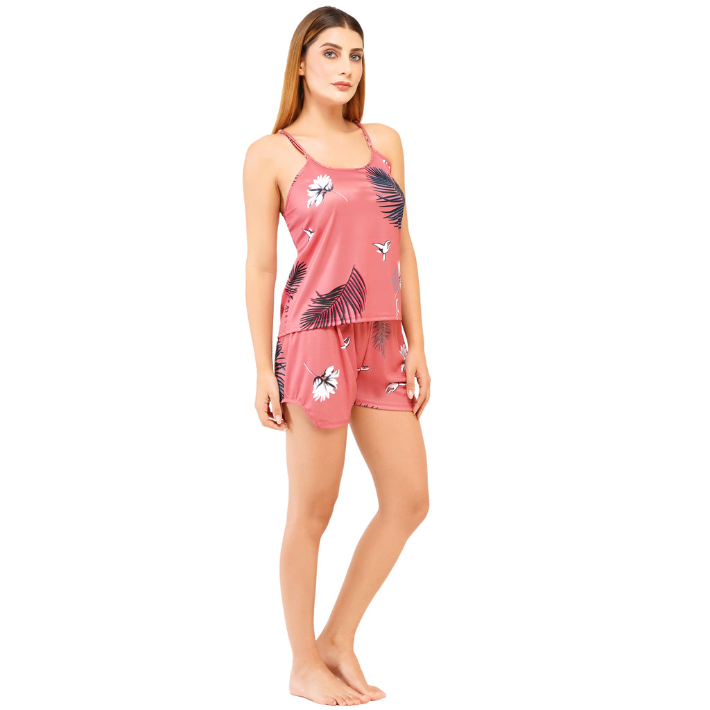 Women's Satin Nightwear Set – Floral Cami Top & Shorts | Lightweight Summer Sleepwear & Lounge Set for Women & Girls (Free Size - S to L)