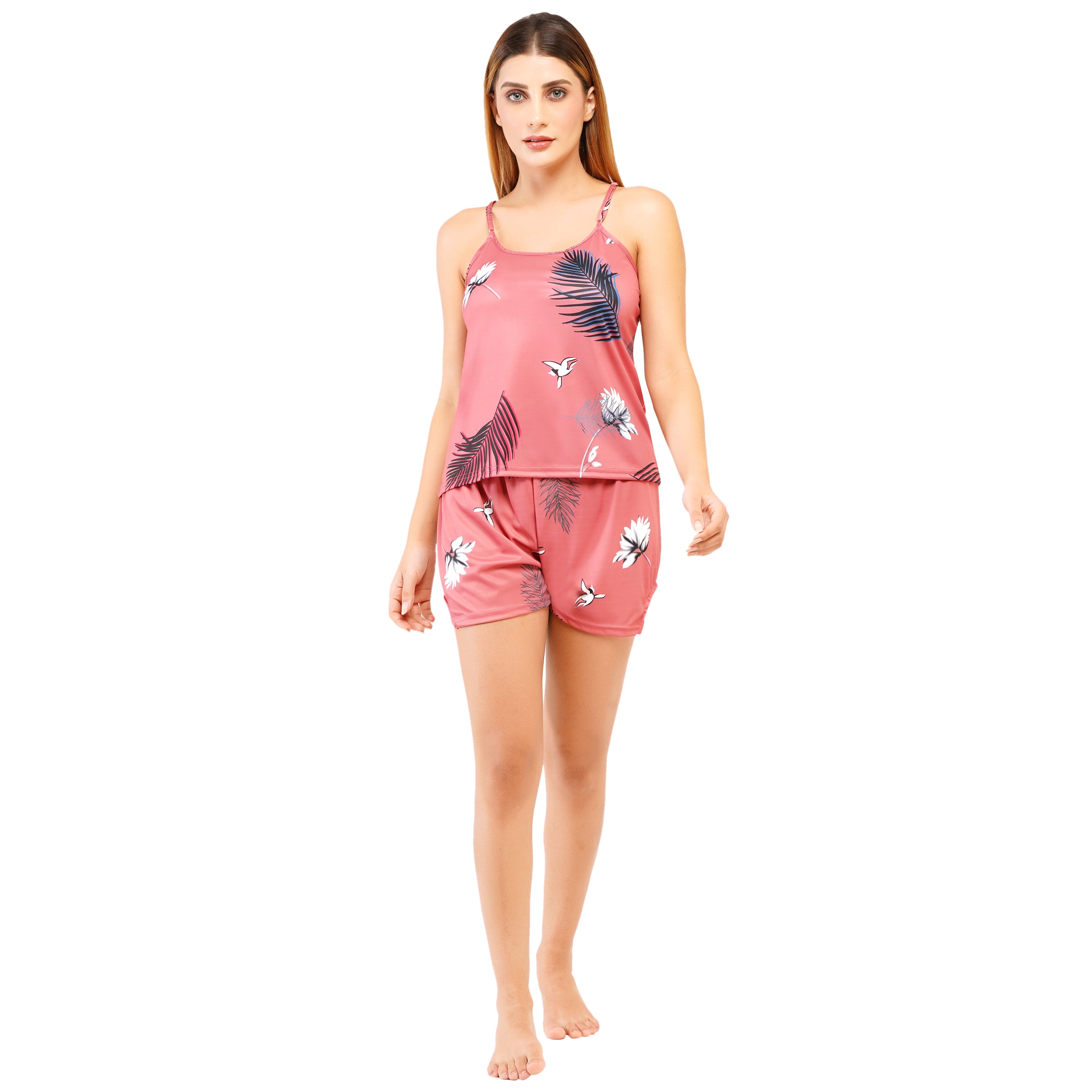 Women's Satin Nightwear Set – Floral Cami Top & Shorts | Lightweight Summer Sleepwear & Lounge Set for Women & Girls (Free Size - S to L)