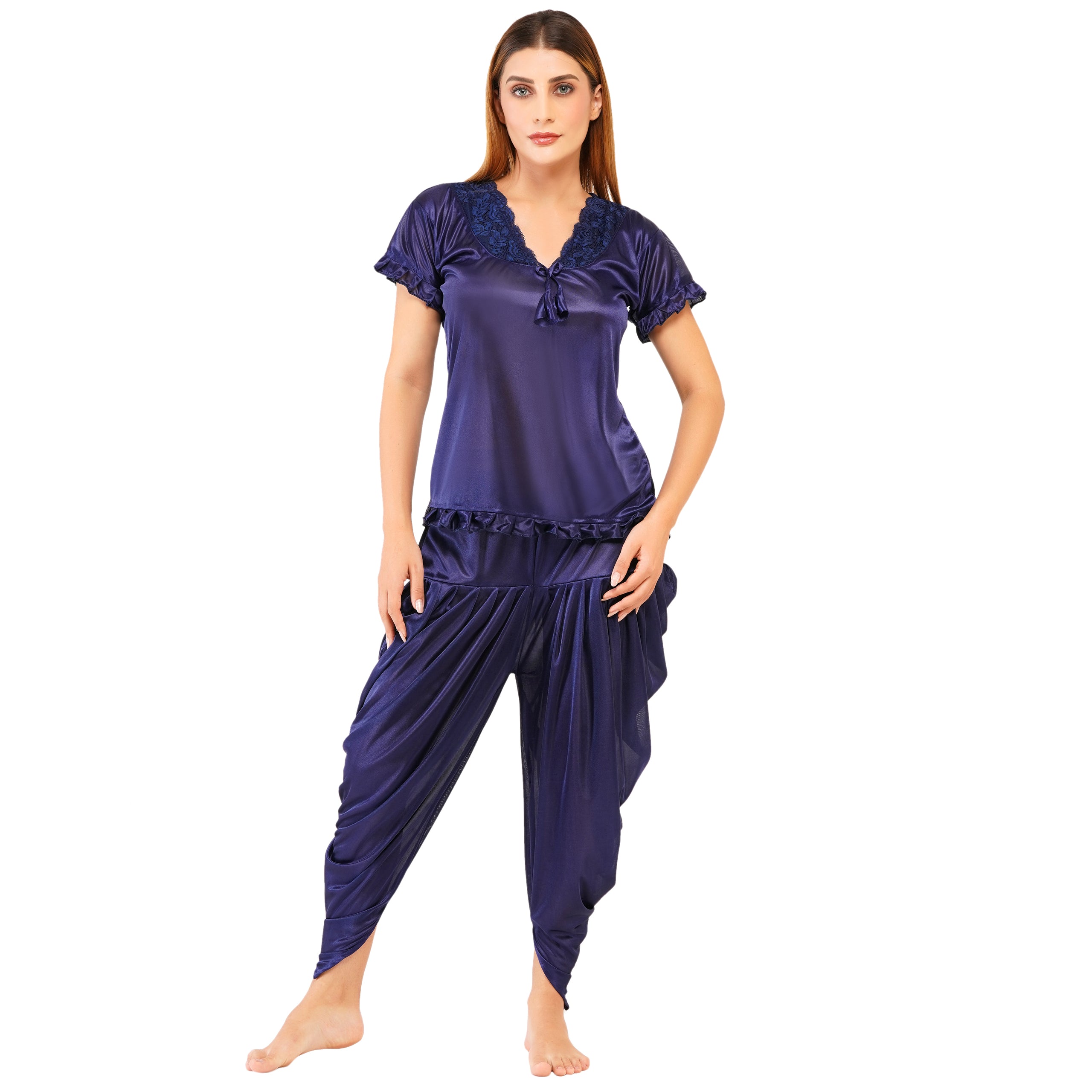 Women's Satin Nightwear Set – Short Sleeve Top with Lace & Dhoti-Style Pants | Ethnic Loungewear & Sleepwear for Women (Free Size - S to L) Deep Navy Blue