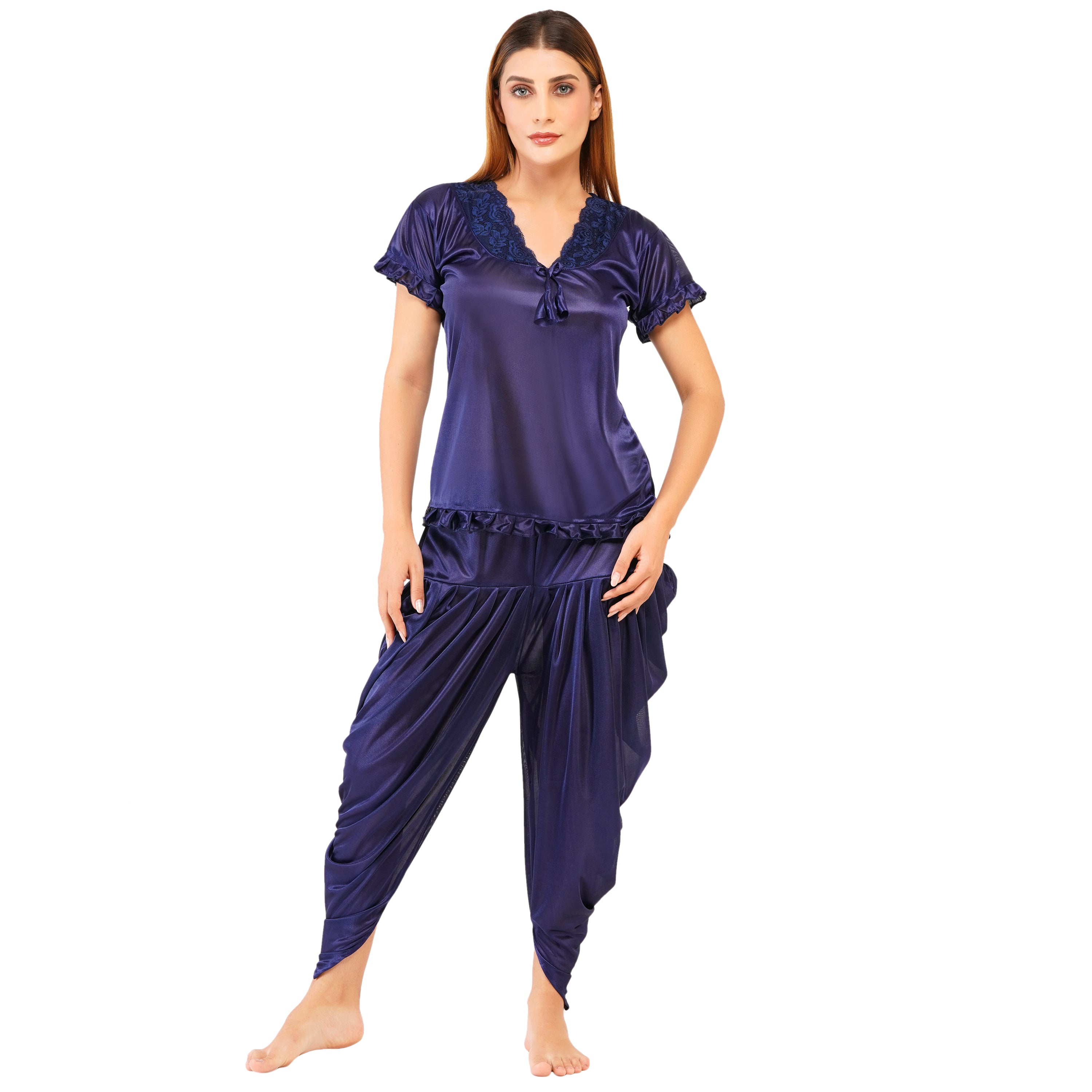 Women's Satin Nightwear Set – Short Sleeve Top with Lace & Dhoti-Style Pants | Ethnic Loungewear & Sleepwear for Women (Free Size - S to L) Deep Navy Blue