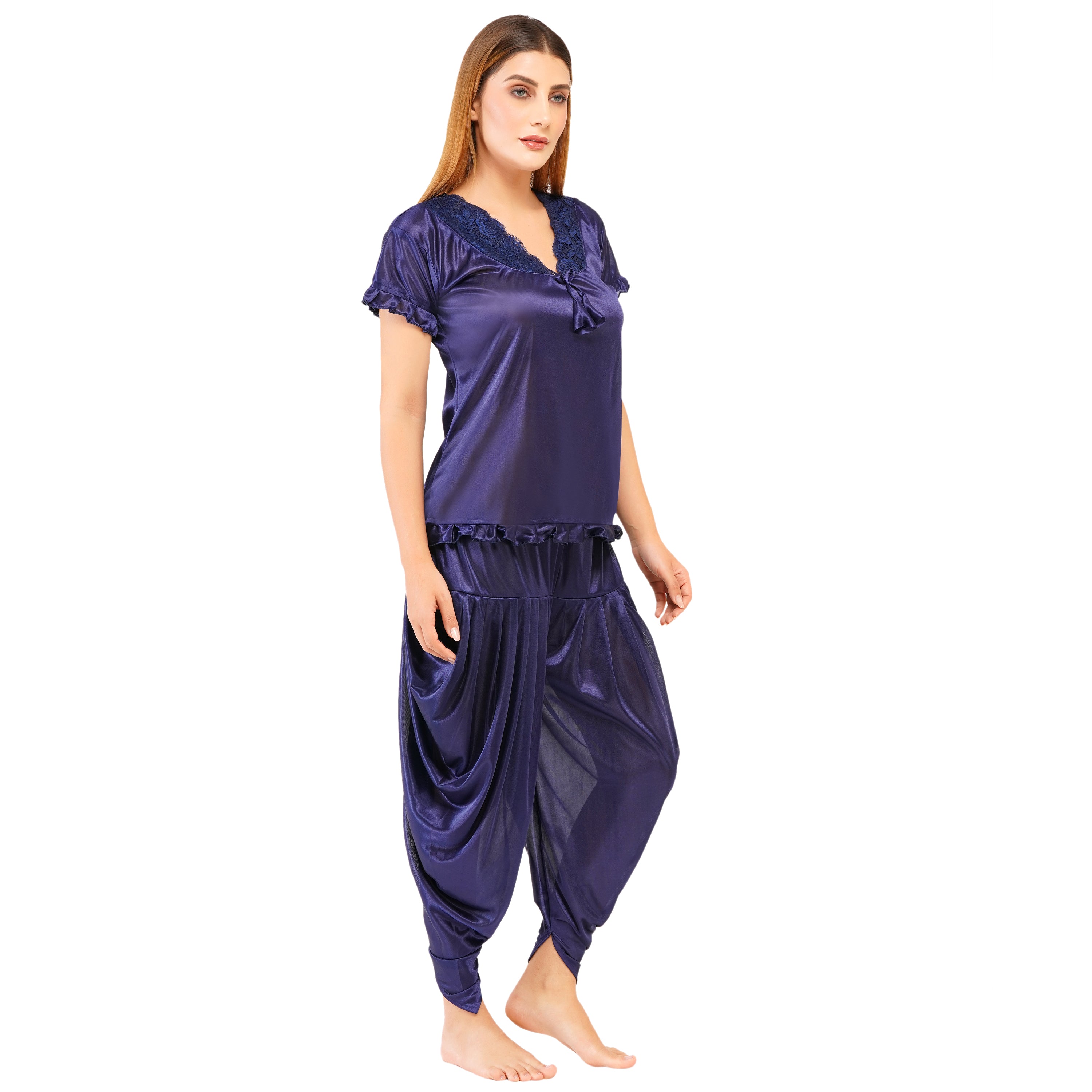 Women's Satin Nightwear Set – Short Sleeve Top with Lace & Dhoti-Style Pants | Ethnic Loungewear & Sleepwear for Women (Free Size - S to L) Deep Navy Blue