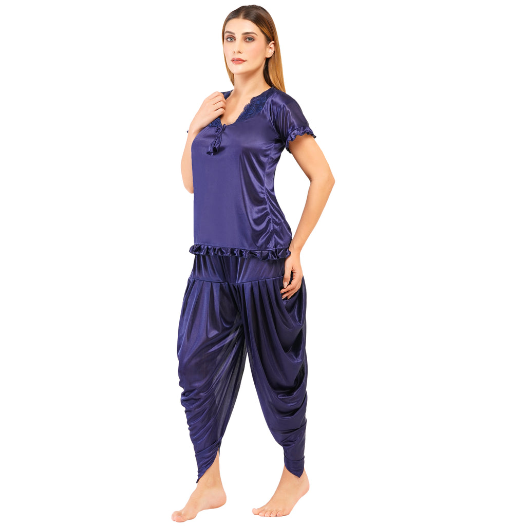 Women's Satin Nightwear Set – Short Sleeve Top with Lace & Dhoti-Style Pants | Ethnic Loungewear & Sleepwear for Women (Free Size - S to L) Deep Navy Blue