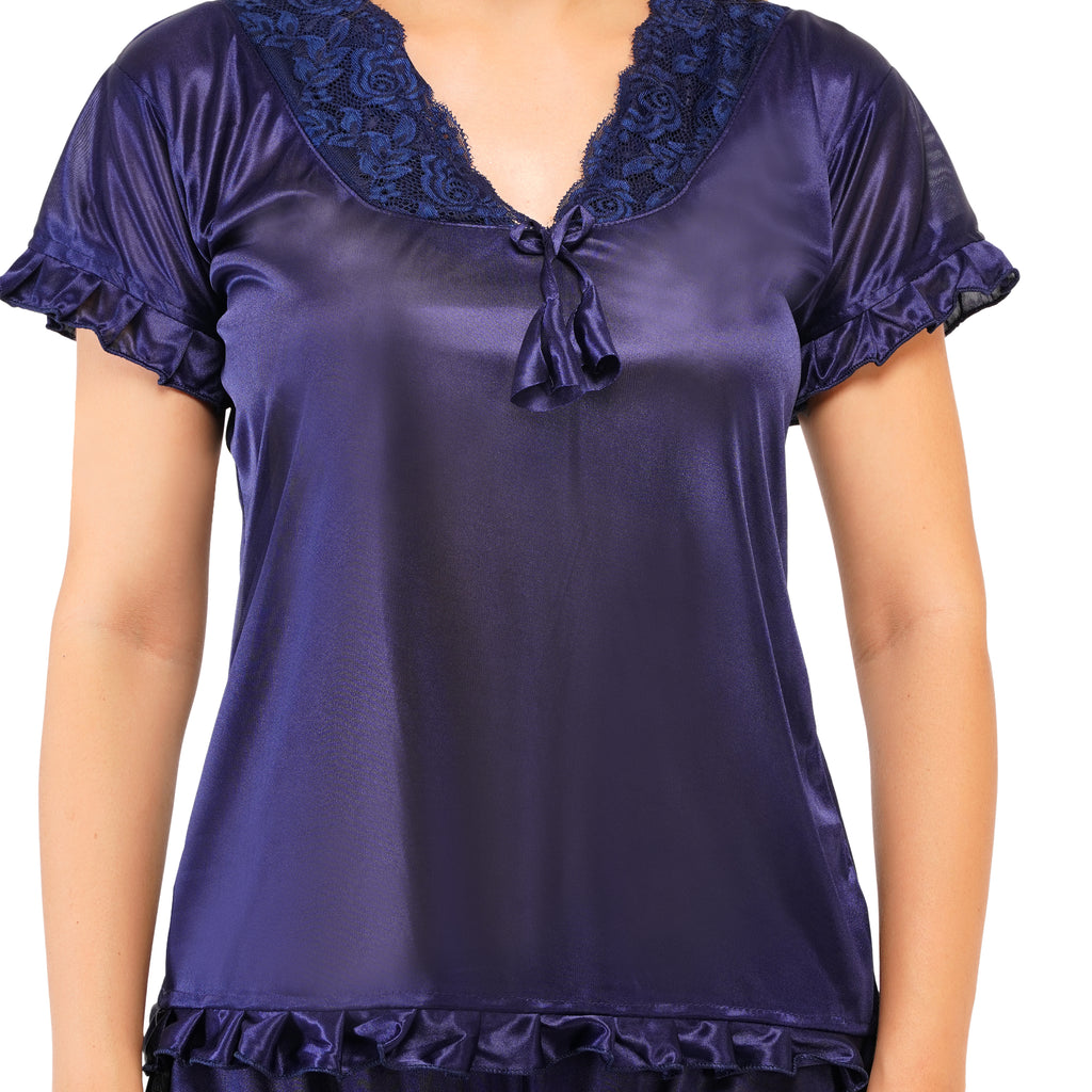 Women's Satin Nightwear Set – Short Sleeve Top with Lace & Dhoti-Style Pants | Ethnic Loungewear & Sleepwear for Women (Free Size - S to L) Deep Navy Blue