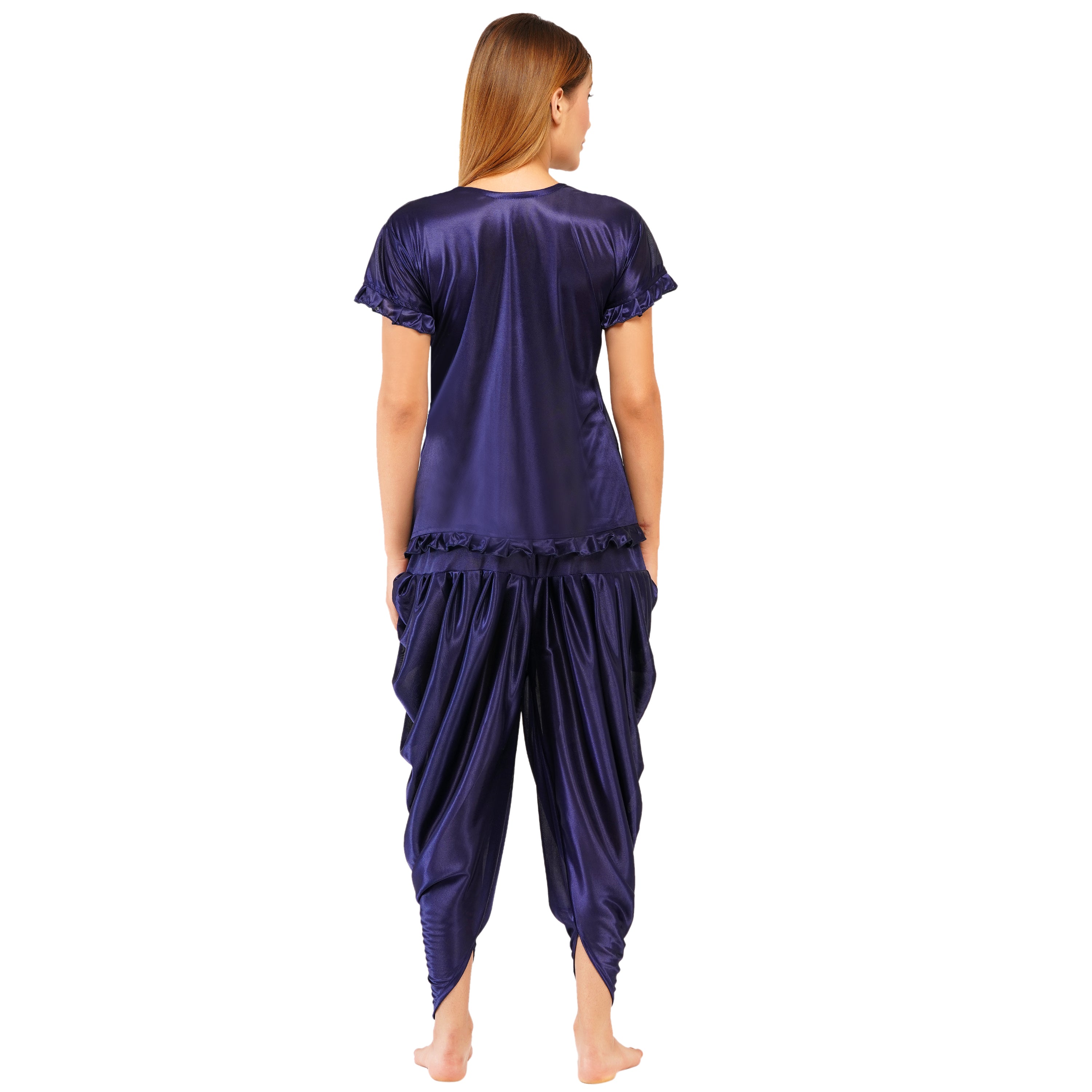 Women's Satin Nightwear Set – Short Sleeve Top with Lace & Dhoti-Style Pants | Ethnic Loungewear & Sleepwear for Women (Free Size - S to L) Deep Navy Blue