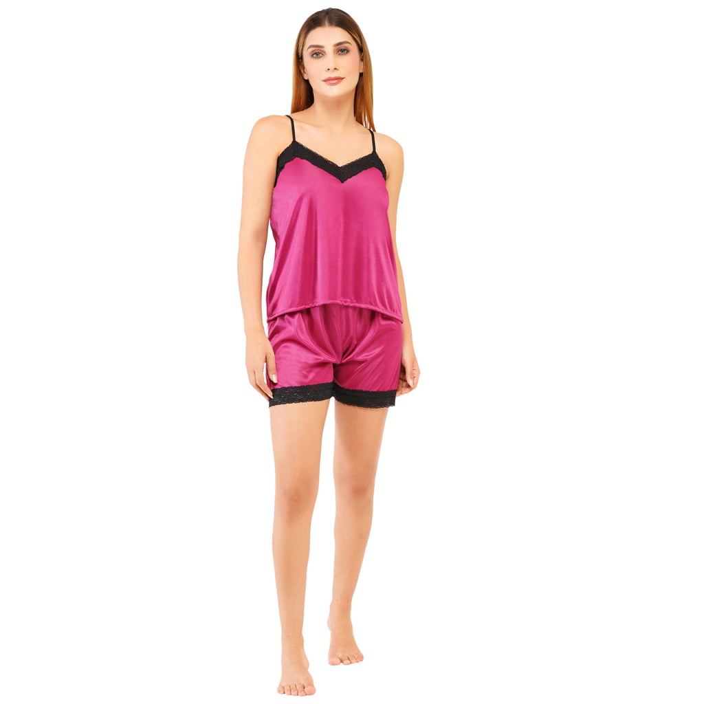 Women's Satin Nightwear Set – Magenta Cami Top & Shorts with Black Lace | Sexy Sleepwear & Lounge Set for Women & Girls (Free Size - S to L)