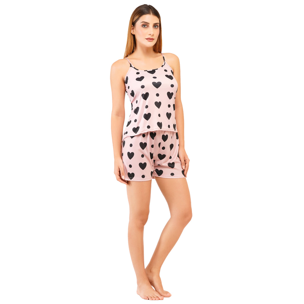 Women's Satin Nightwear Set – Pink Cami Top & Shorts with Black Heart Print | Cute Sleepwear & Lounge Set for Girls & Women (Free Size - S to L)