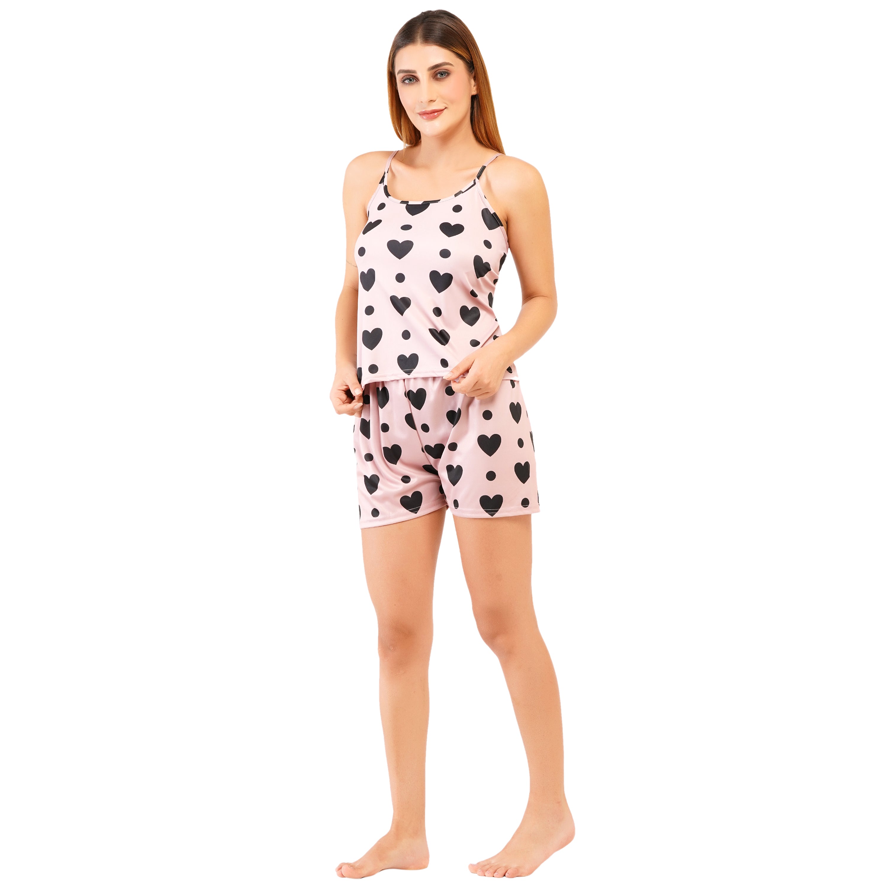 Women's Satin Nightwear Set – Pink Cami Top & Shorts with Black Heart Print | Cute Sleepwear & Lounge Set for Girls & Women (Free Size - S to L)
