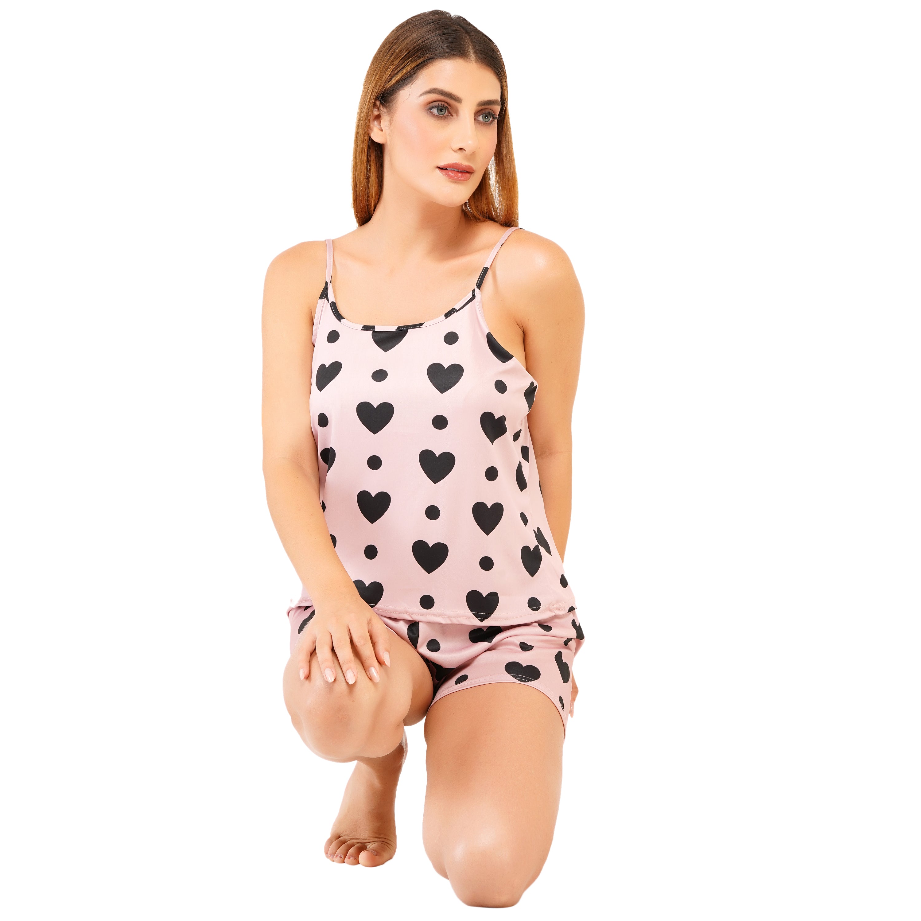 Women's Satin Nightwear Set – Pink Cami Top & Shorts with Black Heart Print | Cute Sleepwear & Lounge Set for Girls & Women (Free Size - S to L)