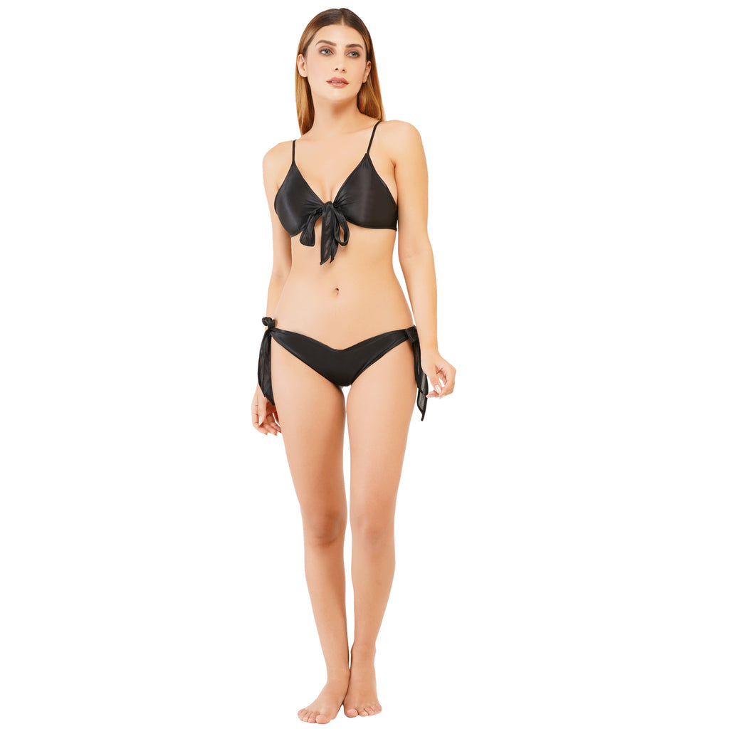 Women's Sexy Satin Bikini Set – Black Tie-Up Bralette & Side-Tie Bottoms | Two-Piece Lingerie & Swimwear Set for Women (Free Size – S to L)