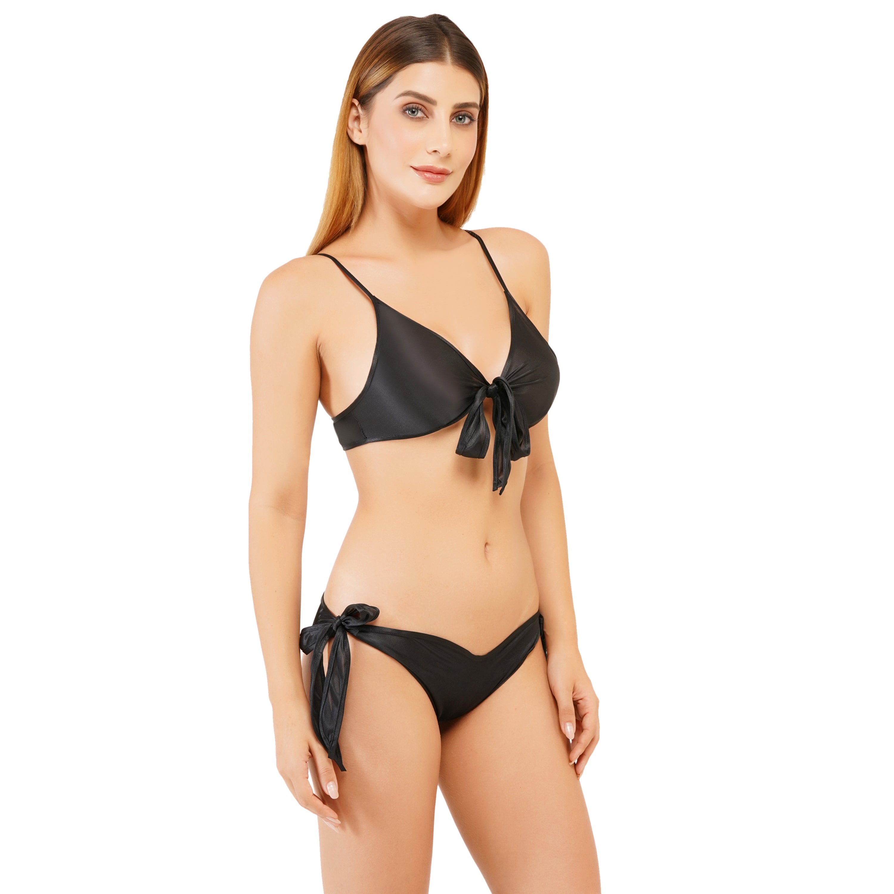 Women's Sexy Satin Bikini Set – Black Tie-Up Bralette & Side-Tie Bottoms | Two-Piece Lingerie & Swimwear Set for Women (Free Size – S to L)