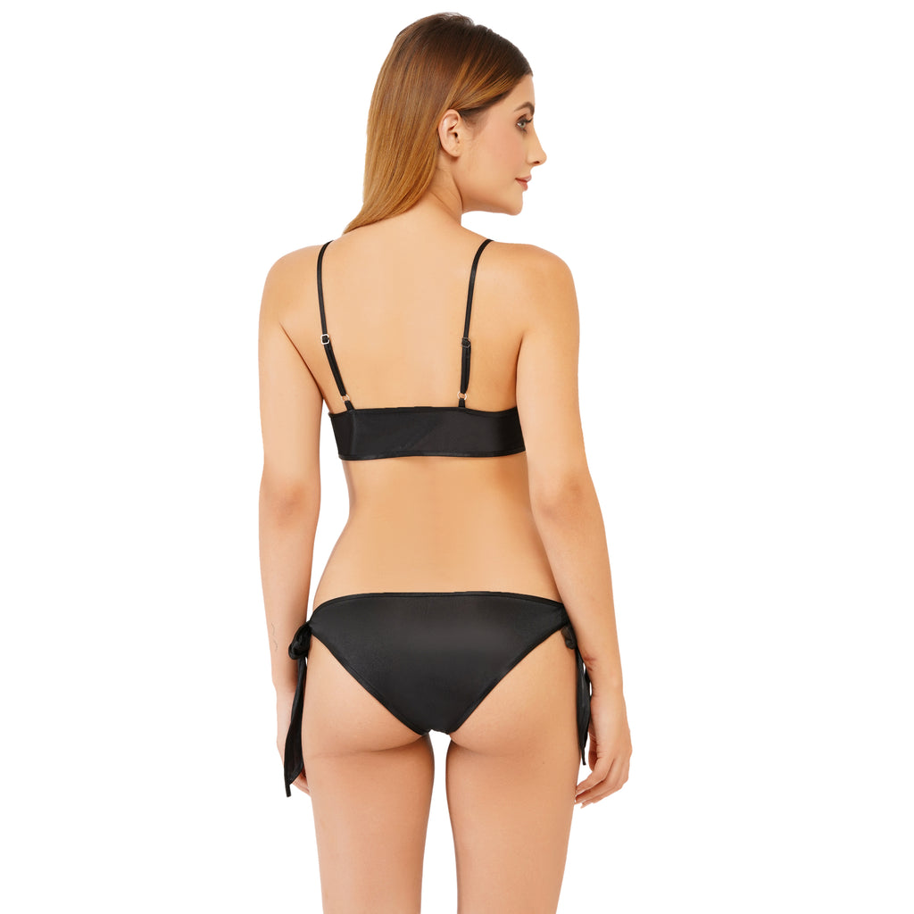 Women's Sexy Satin Bikini Set – Black Tie-Up Bralette & Side-Tie Bottoms | Two-Piece Lingerie & Swimwear Set for Women (Free Size – S to L)