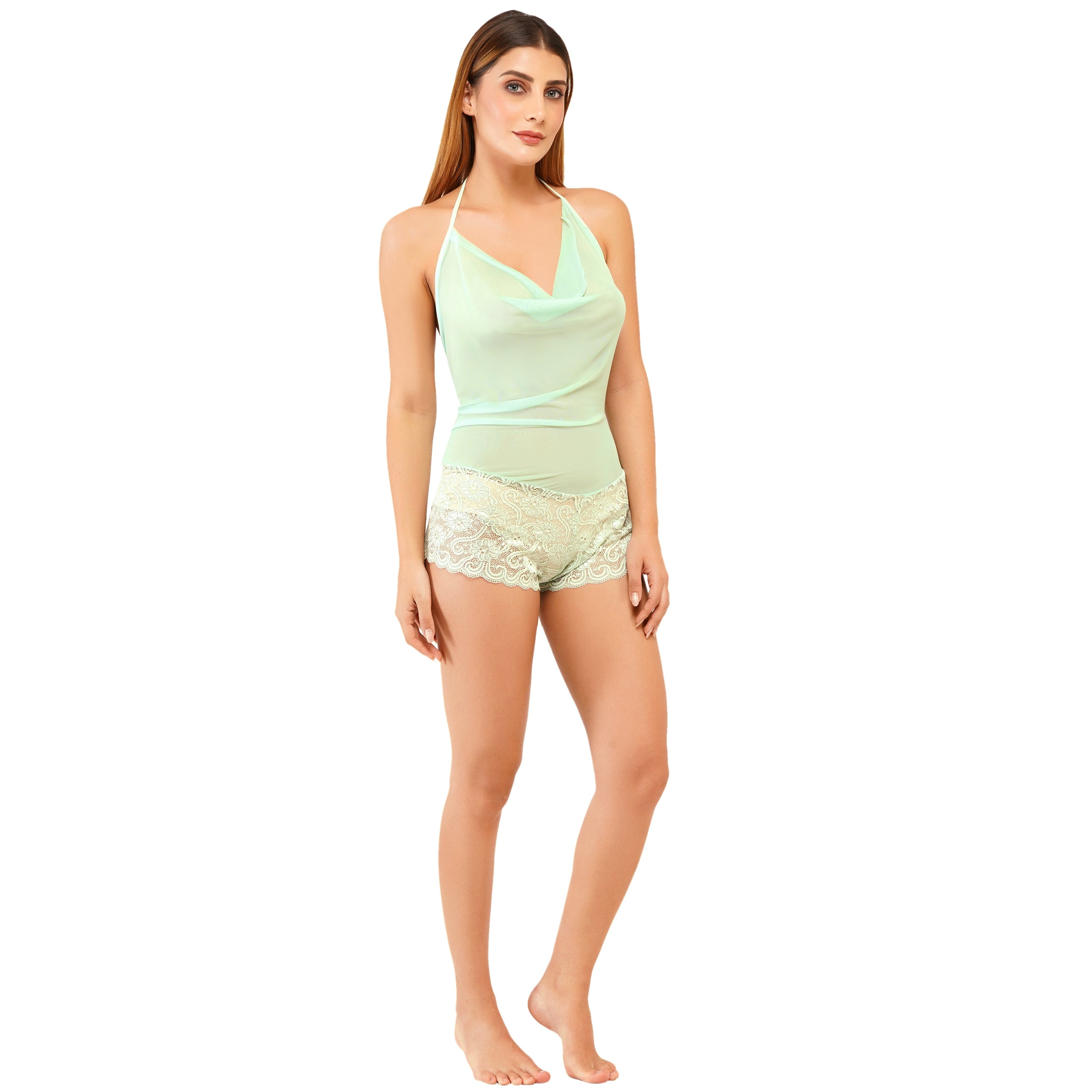 Women's Sheer Mesh & Lace Lingerie Set – Mint Green  Halter Top & Floral Lace Shorts | Stylish Nightwear for Women (Copy)