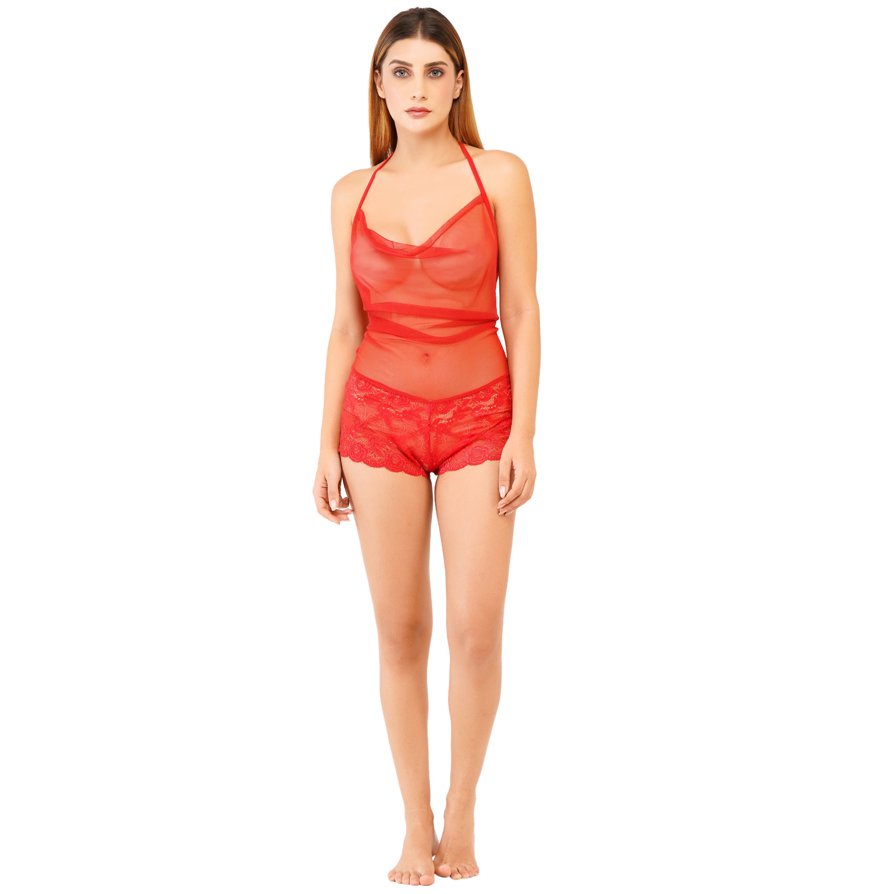 Women's Sheer Mesh & Lace Lingerie Set –  Red Halter Top & Floral Lace Shorts | Stylish Nightwear for Women
