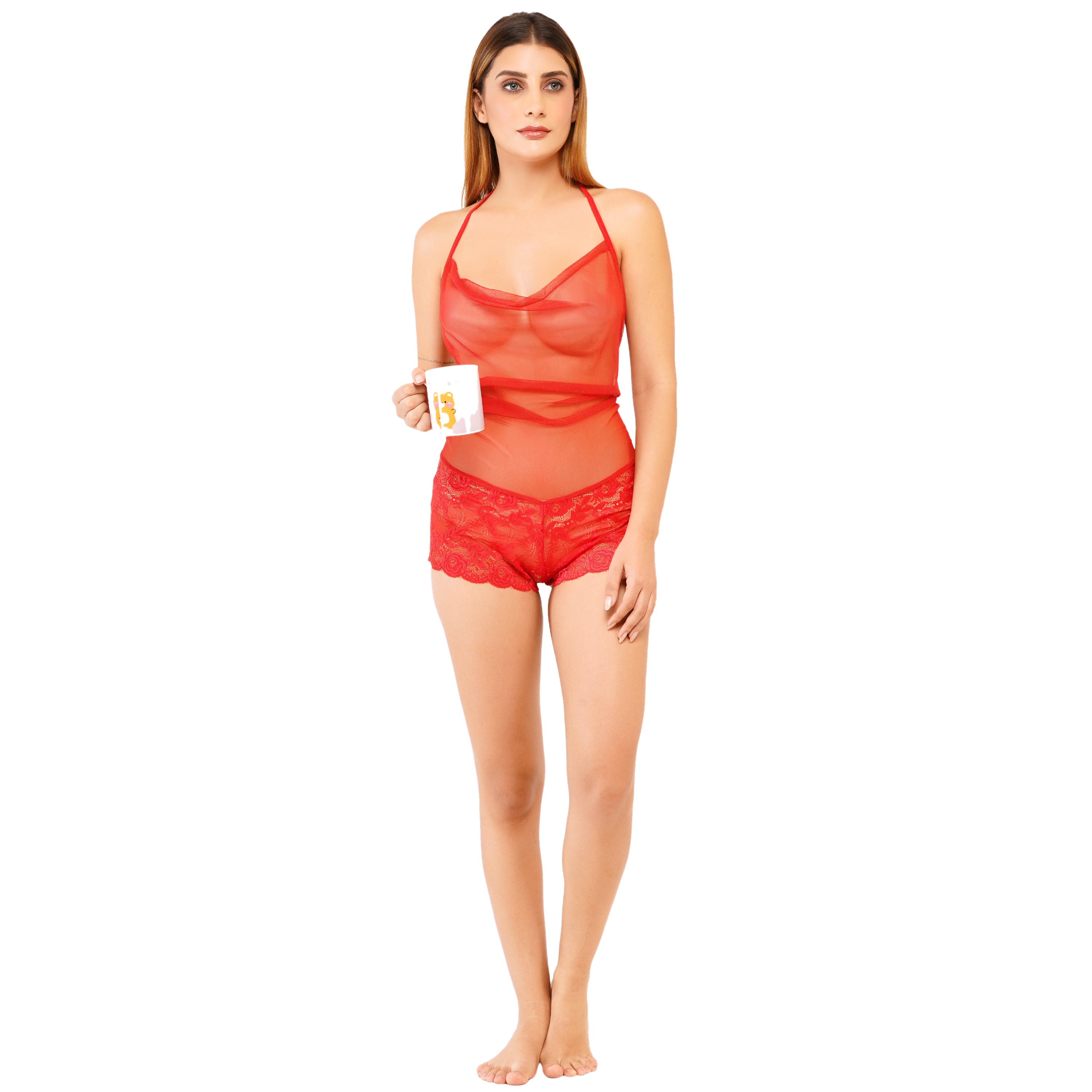Women's Sheer Mesh & Lace Lingerie Set –  Red Halter Top & Floral Lace Shorts | Stylish Nightwear for Women