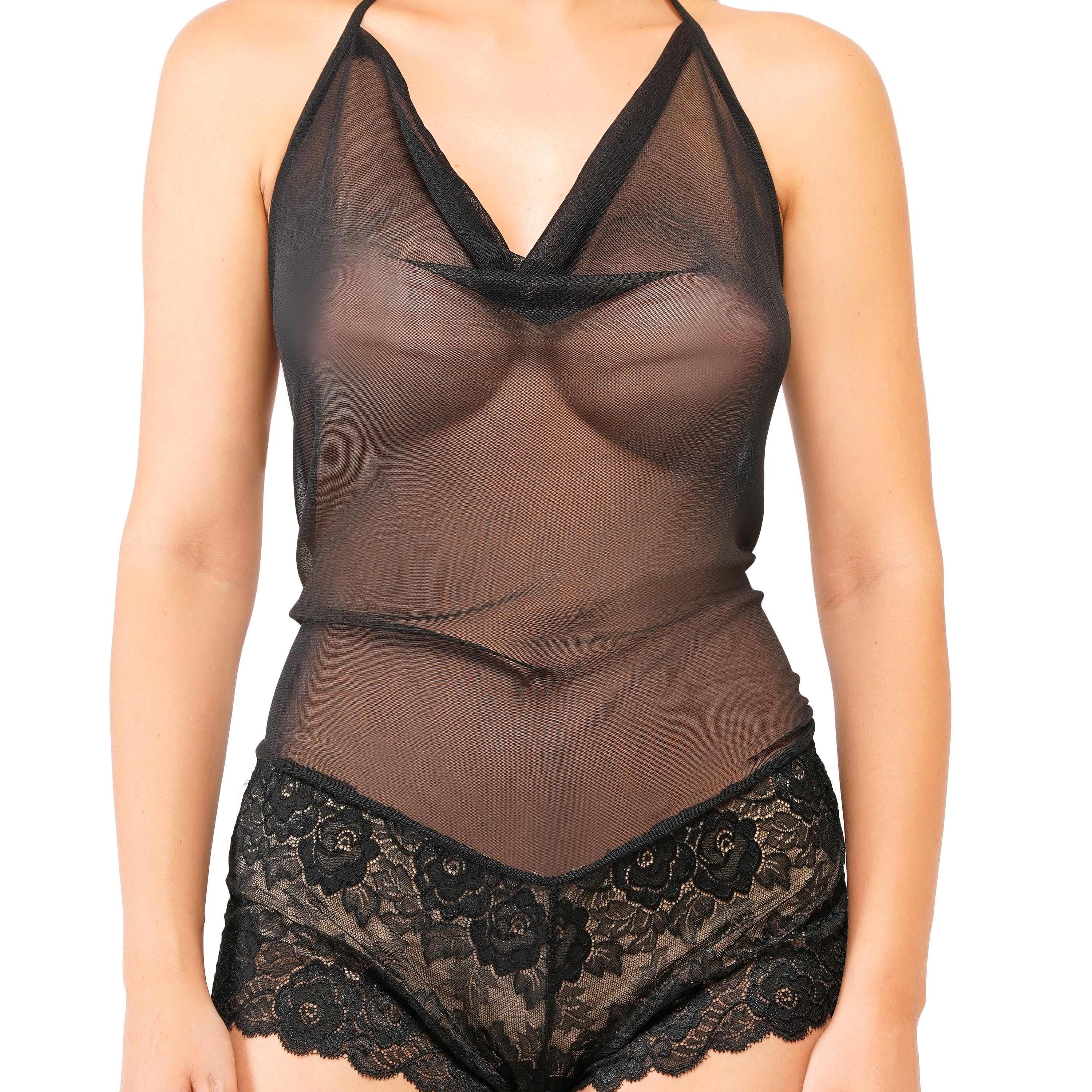 Women's Sheer Mesh & Lace Lingerie Set –  Black Halter Top & Floral Lace Shorts | Stylish Nightwear for Women