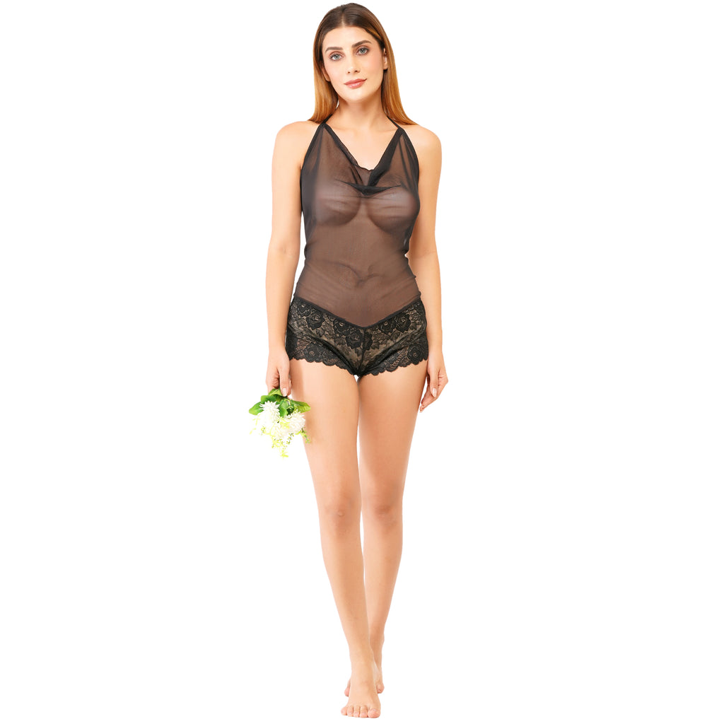 Women's Sheer Mesh & Lace Lingerie Set –  Black Halter Top & Floral Lace Shorts | Stylish Nightwear for Women