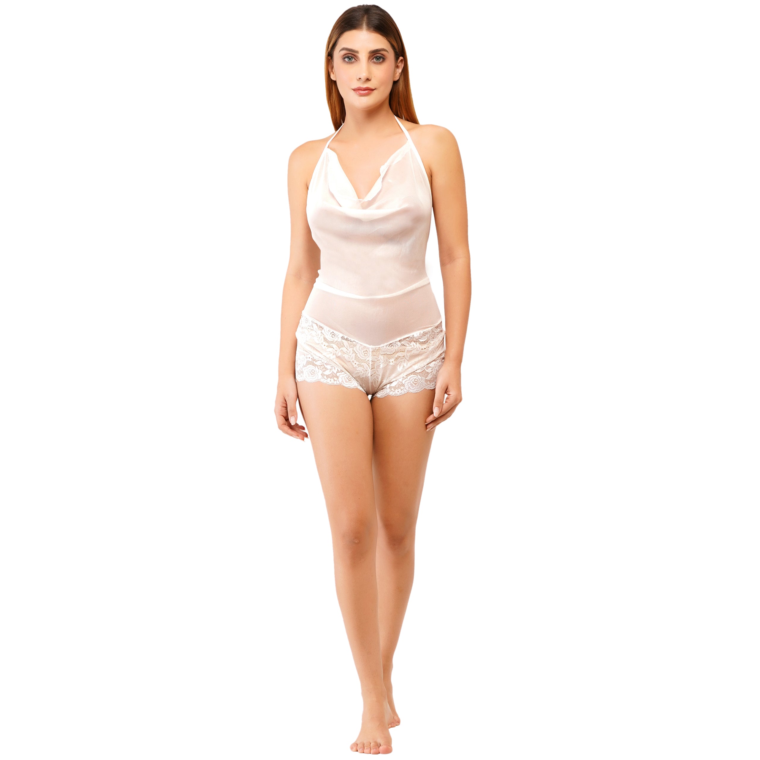 Women's Sheer Mesh & Lace Lingerie Set – White Halter Top & Floral Lace Shorts | Stylish Nightwear for Women